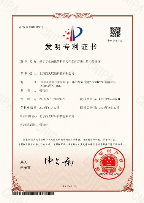 发明名称：基于学生画像的科研方向推荐方法以及相关设备
